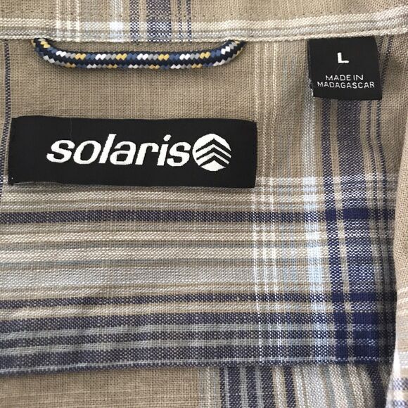 Solaris Mens Short Sleeve Button Up Plaid Camp Shirt L Khaki Blue Outdoors $45 - Picture 2 of 5